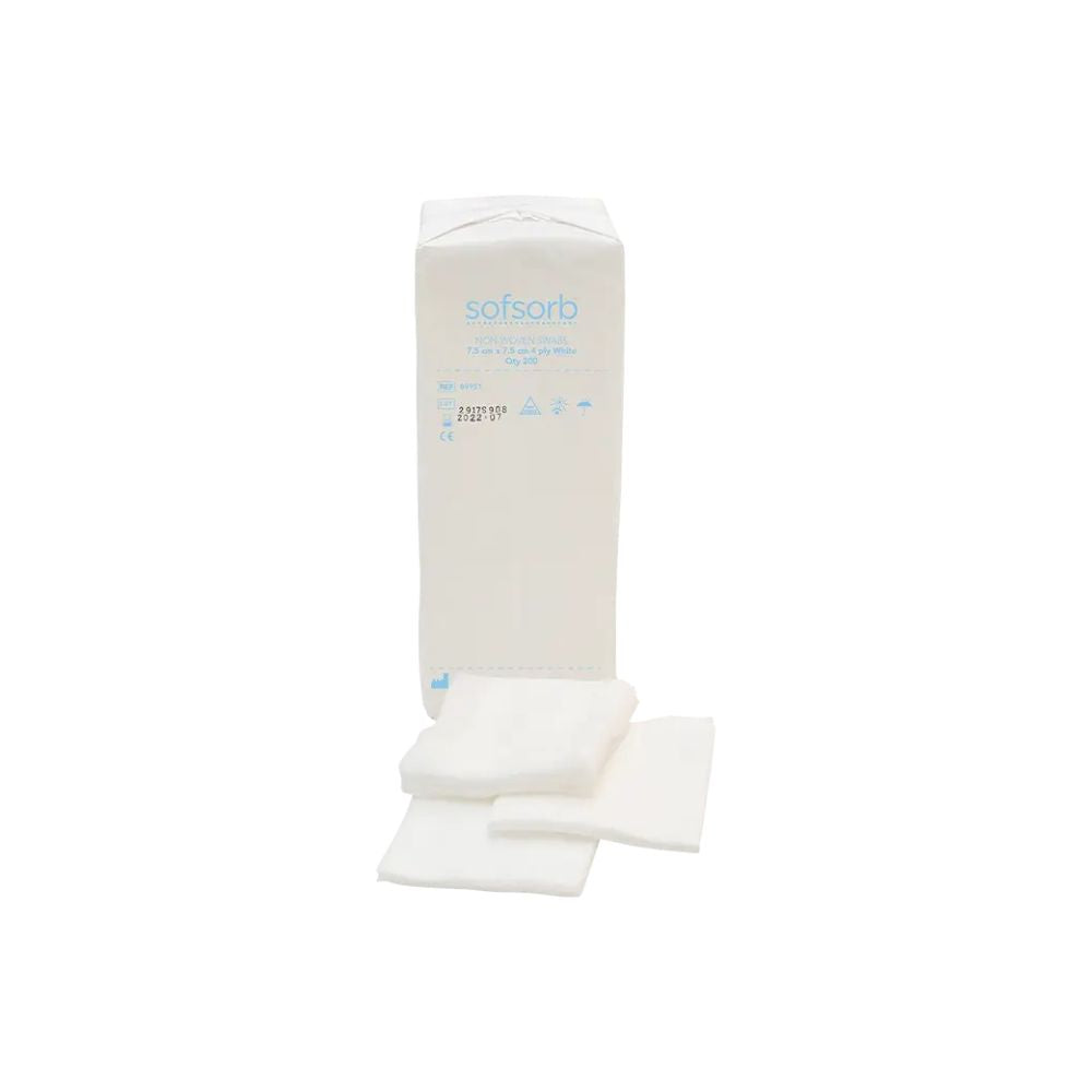 7,5 cm x 7,5 cm große 4-lagige Sofsorb-Vliestupfer, Packung mit 200 Stück