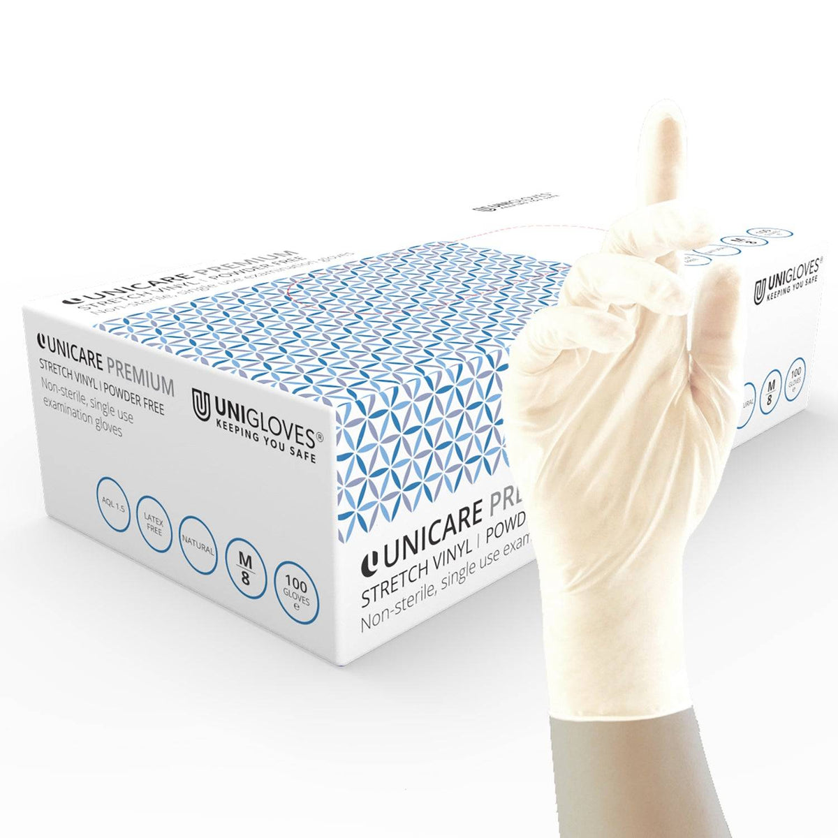 Unicare Premium Stretch Vinyl Próf Hvítur hanskabox með 100 stk