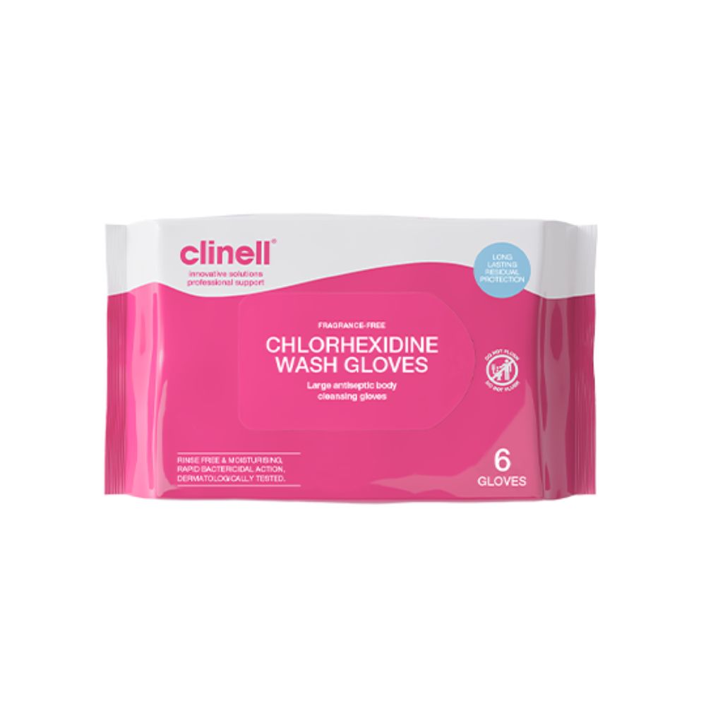 Mănuși de spălat fără parfum Clinell Chlorhexidine, pachet de 6