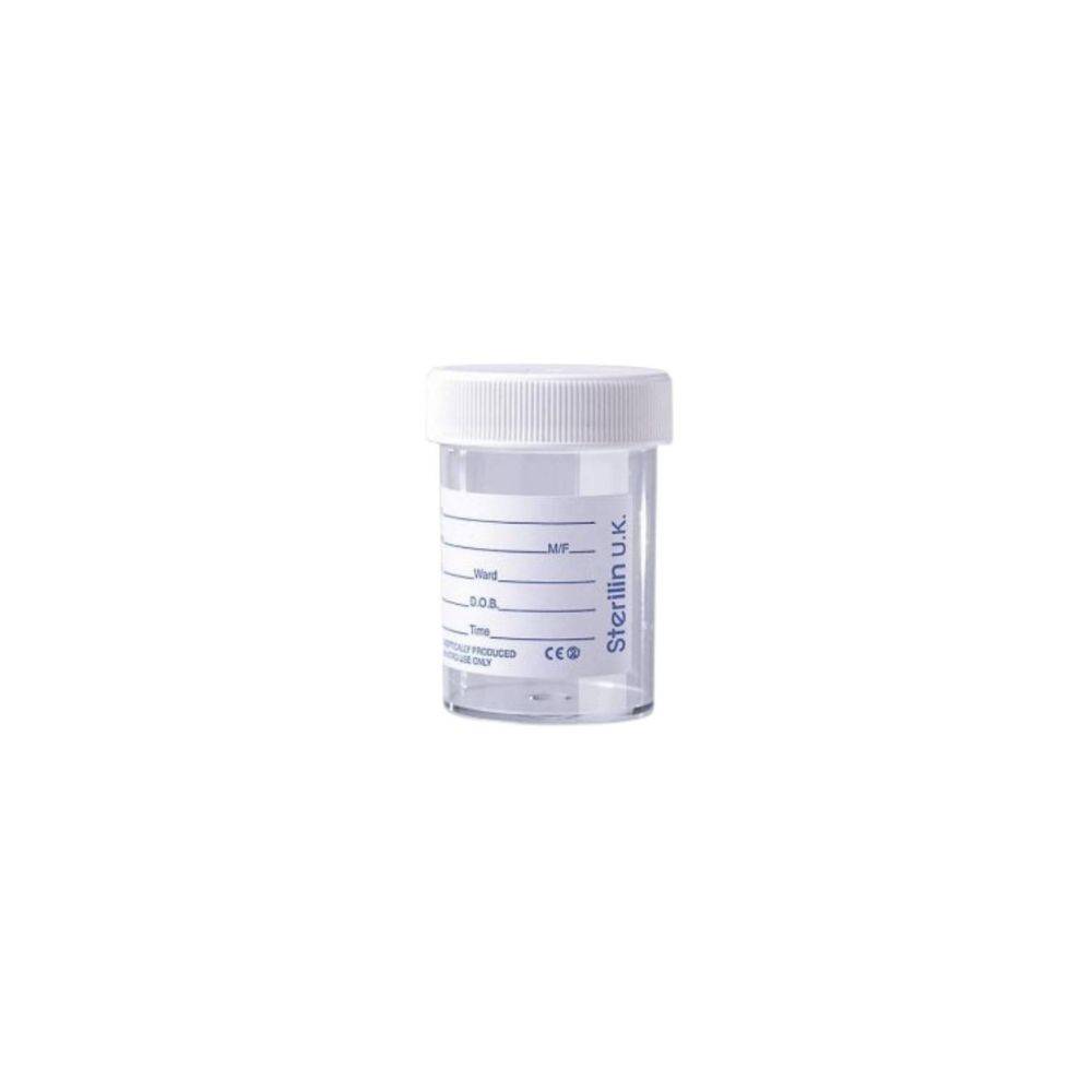 Botella de orina Sterilin de 60 ml con etiqueta