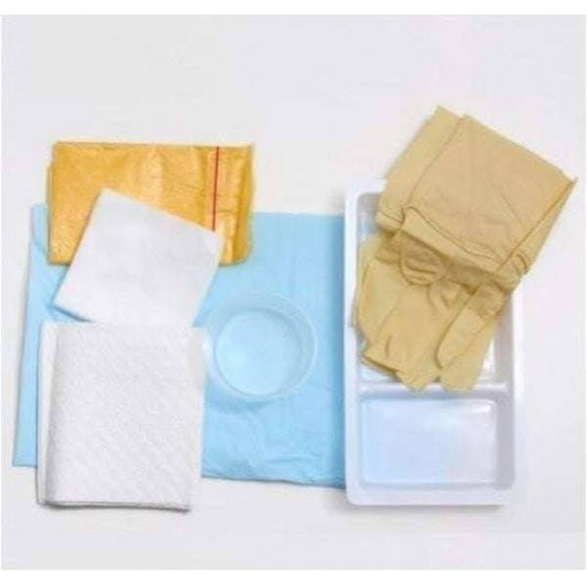 Sterile wound care dressing pack with gloves, tray, swabs, drape and waste bag