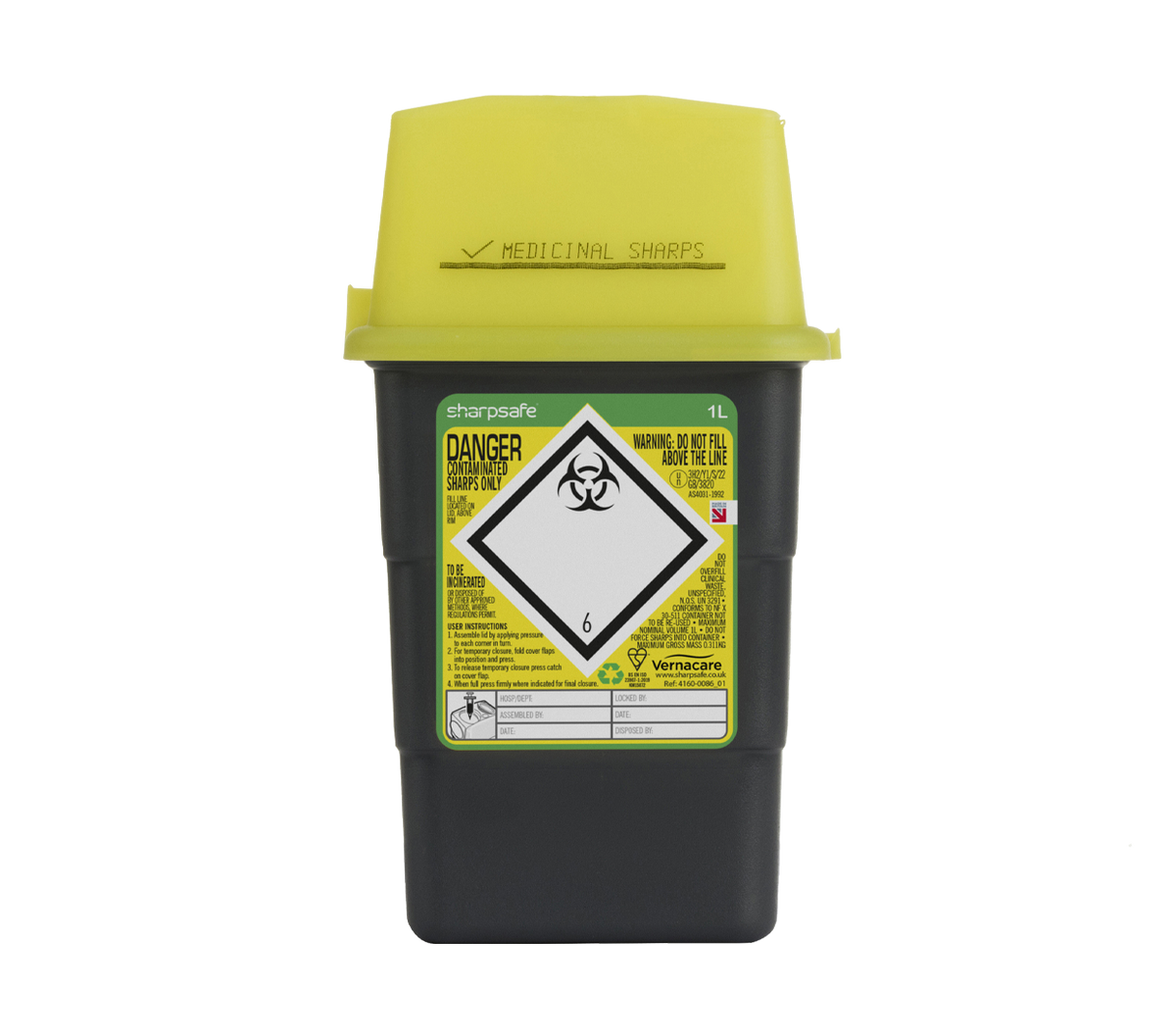 1 Liter Sharpsafe Grå Sharps Bin Gult lokk