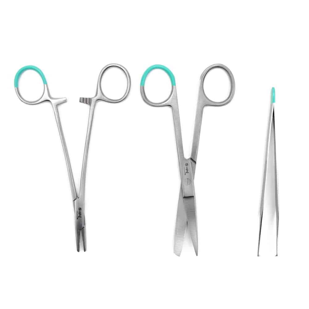 Set of stainless steel surgical instruments including forceps, scissors and tweezers with green finger grips
