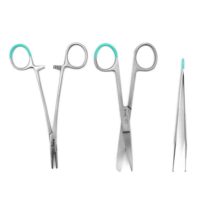 Set of stainless steel surgical instruments including forceps, scissors and tweezers with green finger grips
