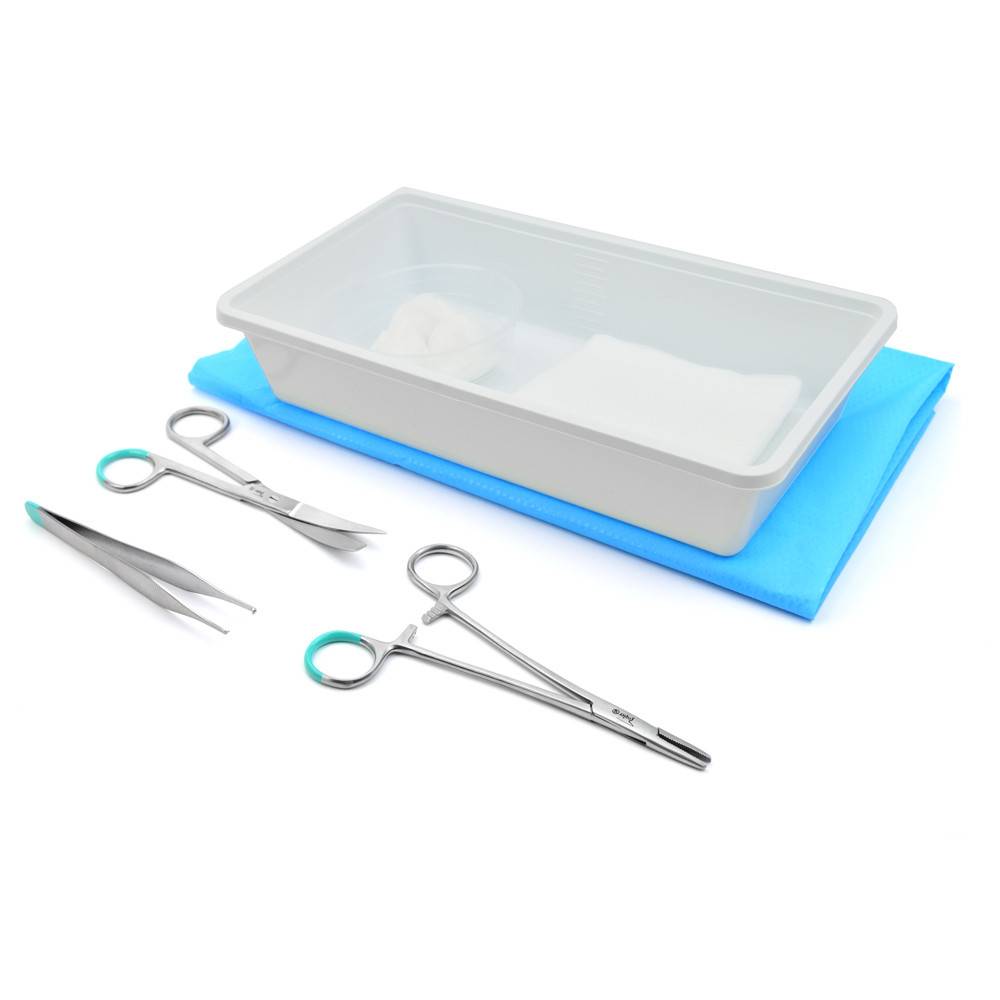 Sterile surgical instrument pack with tray, drape, scissors, forceps, tweezers and gauze swabs