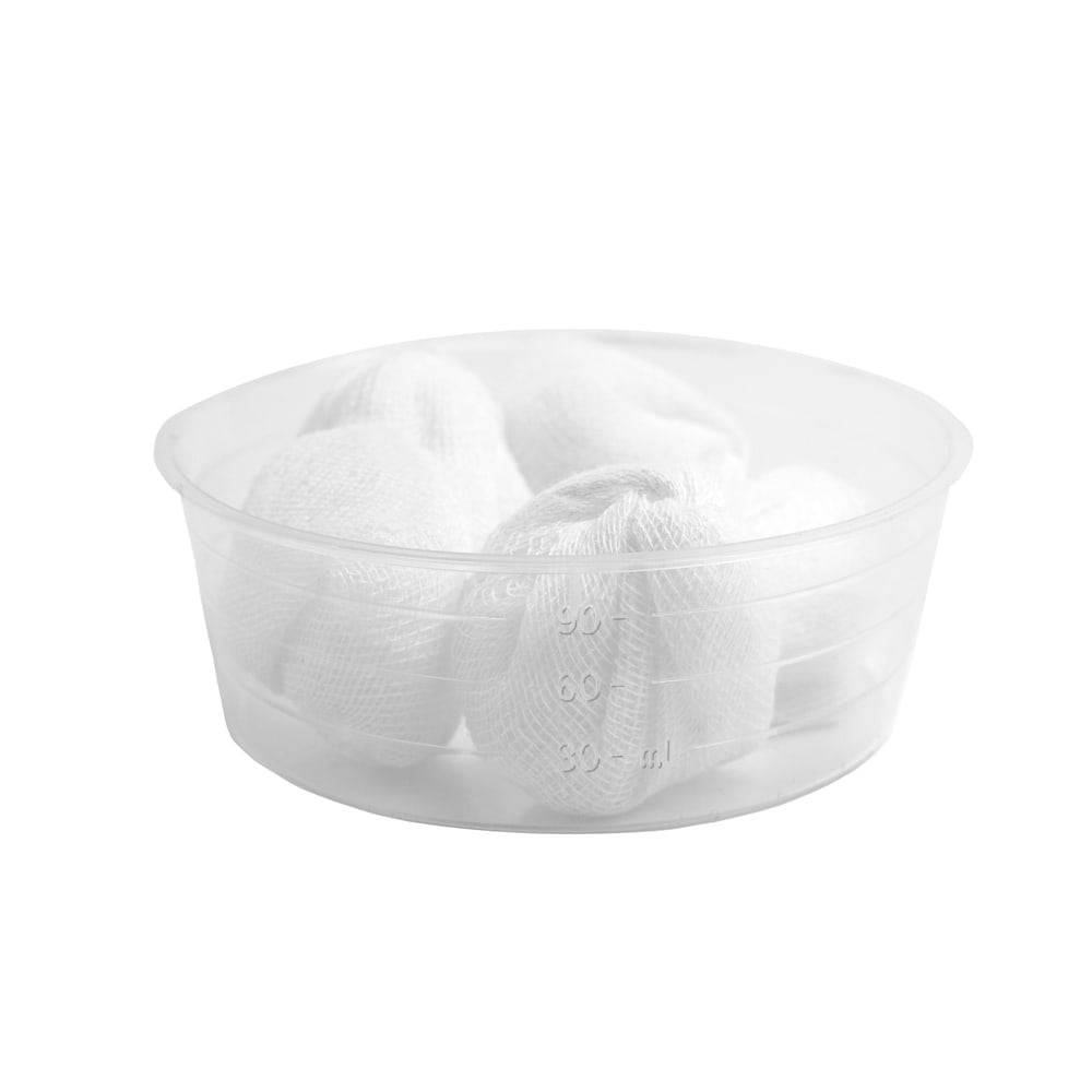 Sterile gauze swabs in transparent plastic measuring cup, 90ml