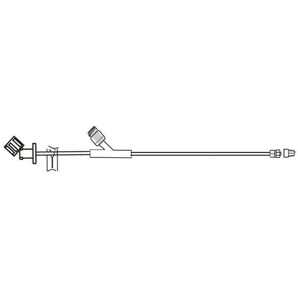 Diagram of a veterinary teat cannula with dual port connectors and long insertion tube