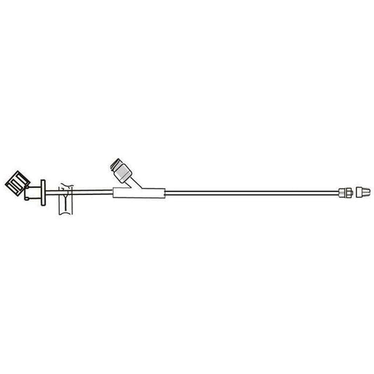 Diagram of a veterinary teat cannula with dual port connectors and long insertion tube