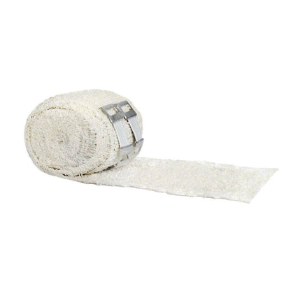 Elastic crepe bandage with metal clips for secure support and compression, medical dressing roll