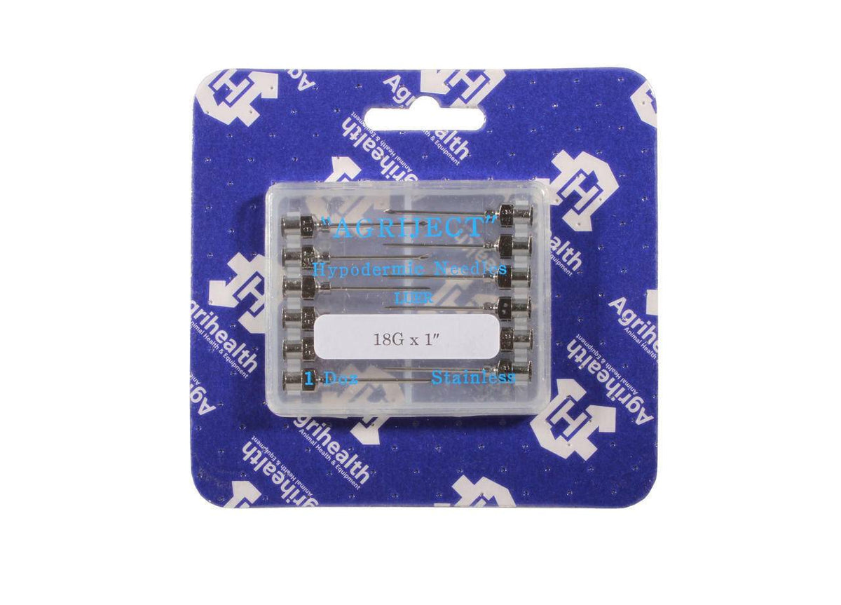 A pack of 18g 3/4 inch Agriject Luer Fit Needles, packaged in a clear plastic case with a blue background.