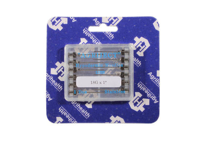A pack of 18g 3/4 inch Agriject Luer Fit Needles, packaged in a clear plastic case with a blue background.