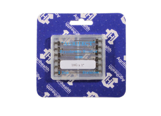 A pack of 18g 3/4 inch Agriject Luer Fit Needles, packaged in a clear plastic case with a blue background.