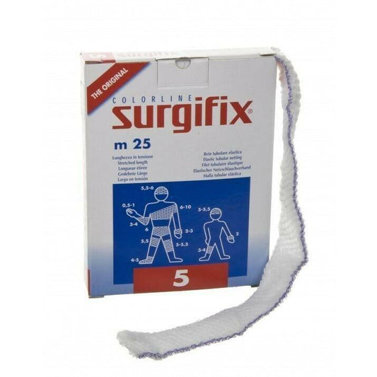 Packaging of Surgifix elastic tubular netting, showing the roll of netting and the label with product details.