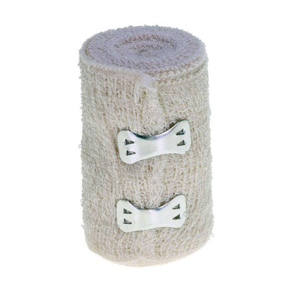 A roll of beige crepe bandage with metal fasteners