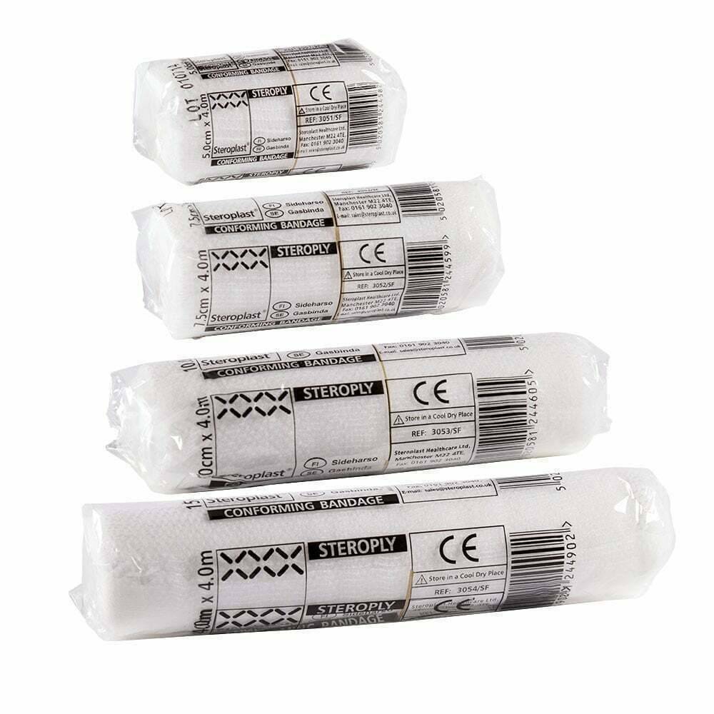 A set of Steroplast conforming bandages in various sizes, wrapped in white packaging with product information displayed.
