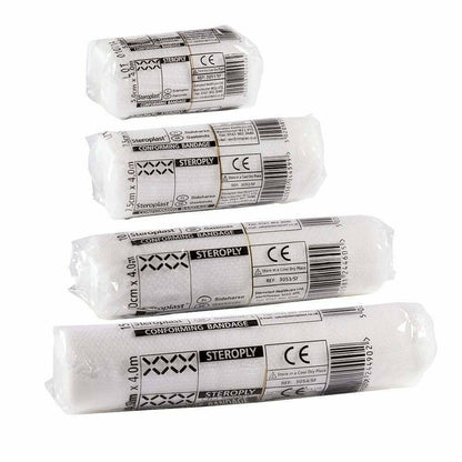 A set of Steroplast conforming bandages in various sizes, wrapped in white packaging with product information displayed.