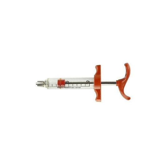 A 10ml Ardes Arplex Luer Fit Syringe with a clear barrel and a red plunger, featuring engraved graduations and an ergonomic handle.