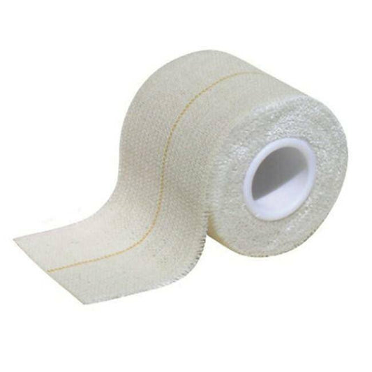 A roll of beige elastic adhesive bandage with a yellow central line.