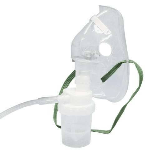 Children's nebuliser set with a clear mask, green elastic strap.