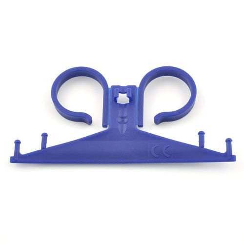 A blue urine bag holder made of robust and high-quality plastic, designed for attaching urine bags to the bedside.