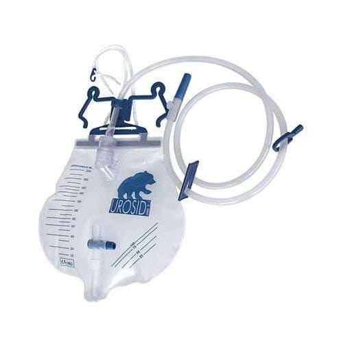 A Urosid 2000S urinary drainage system with a clear bag, grey horizontal cross valve, and grey hose with clips.