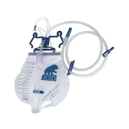 A Urosid 2000S urinary drainage system with a clear bag, grey horizontal cross valve, and grey hose with clips.