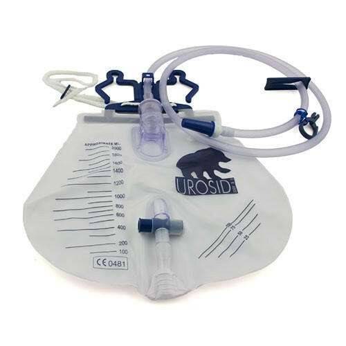 Urosid 2000S urinary drainage system with a transparent bag, blue connectors, and a needle-free sampling port.