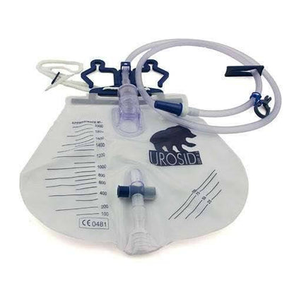Urosid 2000S urinary drainage system with a transparent bag, blue connectors, and a needle-free sampling port.