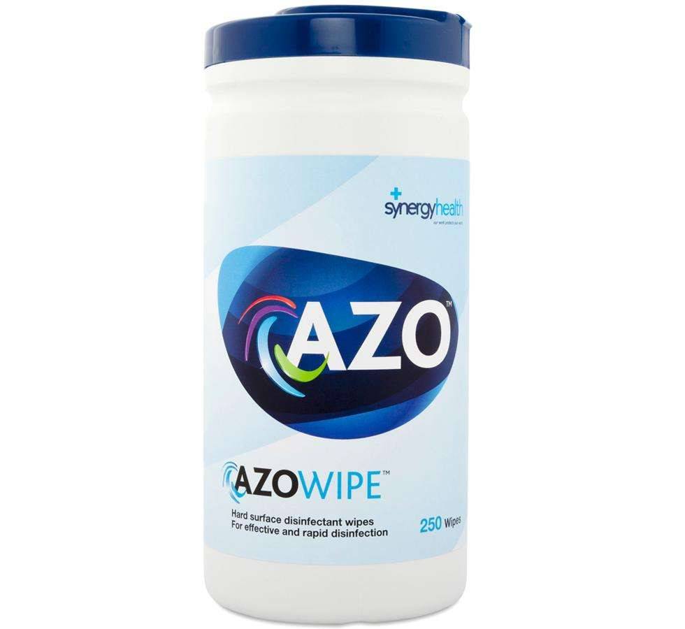 A container of Azo 70% IPA disinfectant wipes with the brand logo and product information displayed on the label.