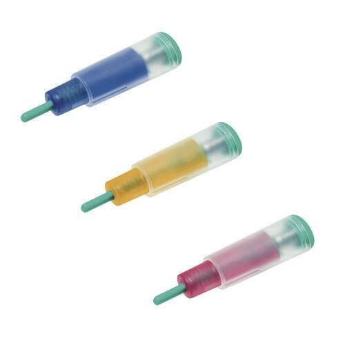 Three safety lancets with sterile, single-use needles, shown with blue, yellow, and red casings.