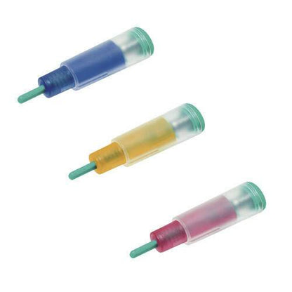 Three safety lancets with sterile, single-use needles, shown with blue, yellow, and red casings.