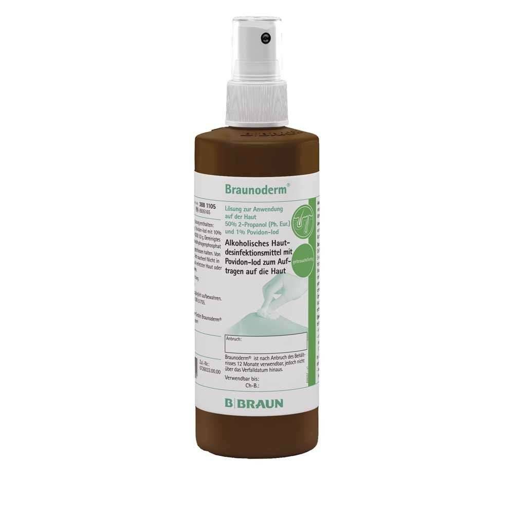 A bottle of Braunoderm skin disinfectant spray with a white label and green text, manufactured by B.Braun.