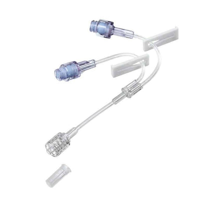 A clear, small bore Y-extension set with two Safeflow valves, compatible with Luer and Luer-Lock connections, DEHP-free and sterile.