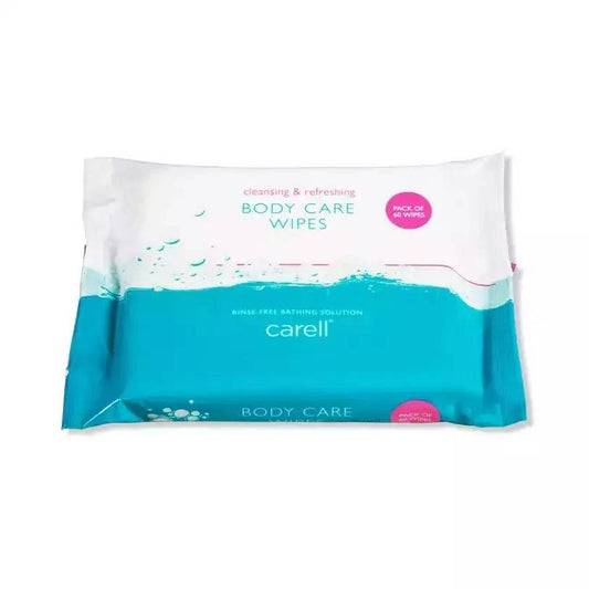 A pack of Carell body care cleansing wipes with a predominantly white and turquoise packaging.
