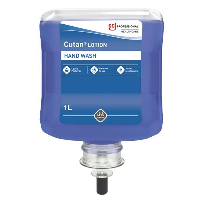 A 1 Litre bottle of Cutan Lotion Hand Wash with a blue label, creamy texture visible at the bottom, and a pump dispenser.