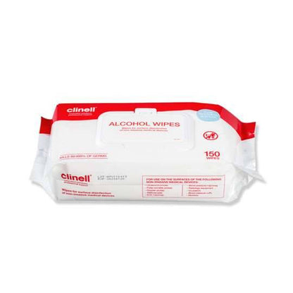 Clinell Alcohol Wipes in a white plastic packet with red and blue branding, containing 150 wipes.