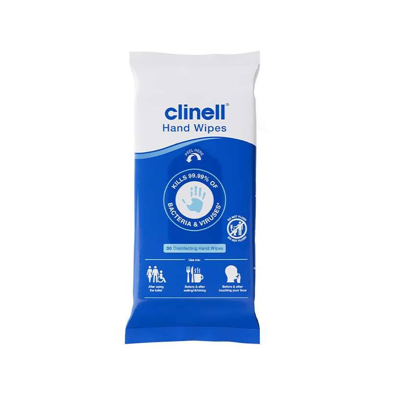 Clinell Alcohol Wipes in a white plastic packet with red and blue branding, containing 150 wipes.