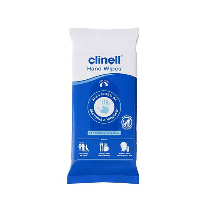 Clinell Alcohol Wipes in a white plastic packet with red and blue branding, containing 150 wipes.