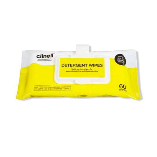 Clinell Detergent Wipes in a clip pack with a yellow and white color scheme, labeled for cleaning and disinfection.