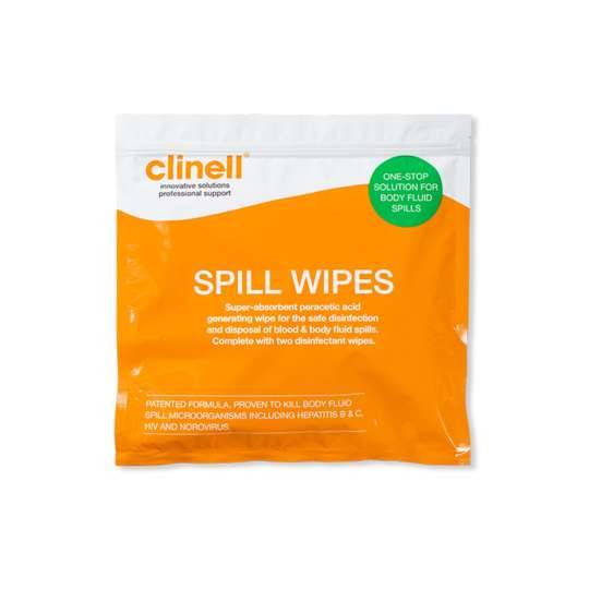 Clinell spill wipes in an orange and white resealable packaging.