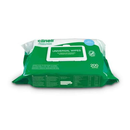 Clinell Universal Wipes in a green plastic packaging with a white label showing the brand and product name.