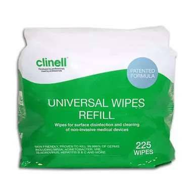 A tub of Clinell Universal Wipes with 225 refill wipes, predominantly green and white packaging.