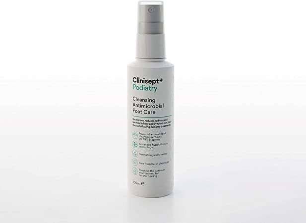 A bottle of Clinisept+ Podiatry skin cleansing antimicrobial foot care solution.