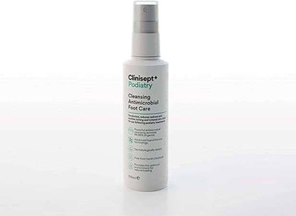 A bottle of Clinisept+ Podiatry skin cleansing antimicrobial foot care solution.