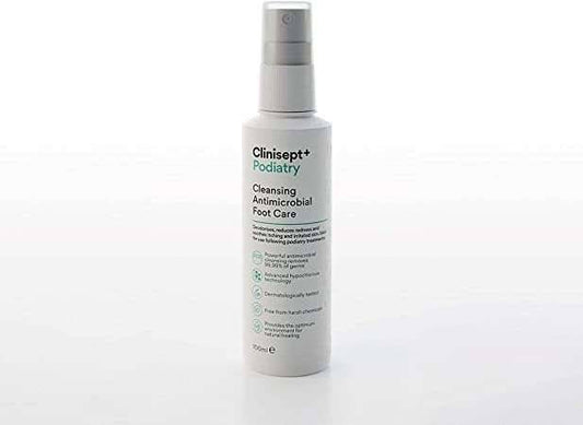 A bottle of Clinisept+ Podiatry skin cleansing antimicrobial foot care solution.