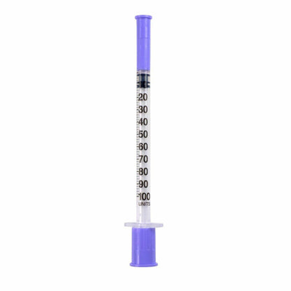 FMS micro syringe 32G, 8mm, 1ml with purple safety cap, marked 10 to 100 units