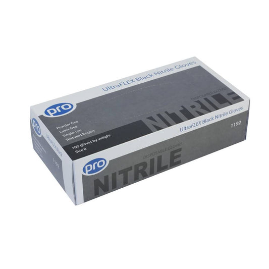 Box of PRO UltraFLEX black nitrile gloves, powder-free and latex-free, disposable size 8, pack of 100