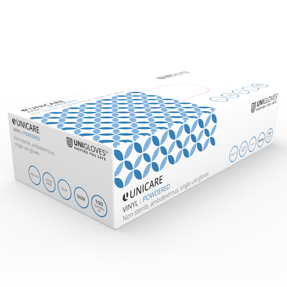 Guanti Unicare Blue Vinyl con polvere, scatola da 100 pezzi