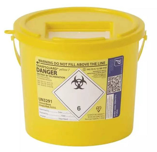 Sharpsguard 7L yellow sharps bin with secure lid and biohazard warning label