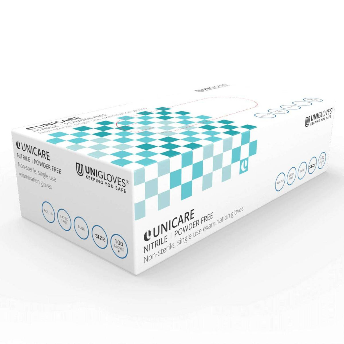 Unicare blue nitrile powder-free examination gloves, box of 100 by Unigloves